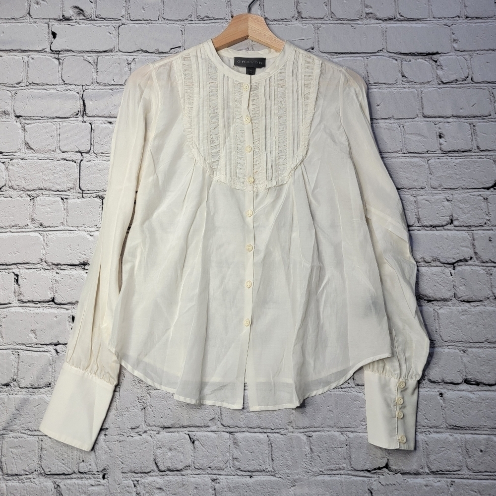 Graydn Cotton Silk Ruffle Bib Pilgrim Collar Button Up White Blouse Size S‎